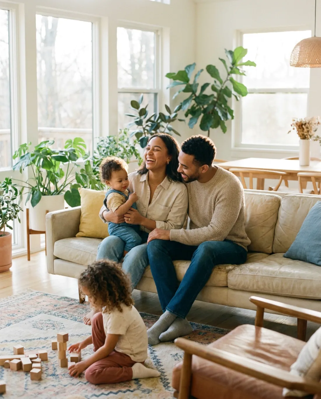 Junge Familie in heller Wohnung